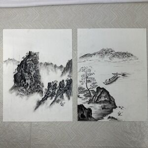 Japanese Shikishi Drawing Art Painting Charcoal Landscape Lot‎ of 2 Signed NOE